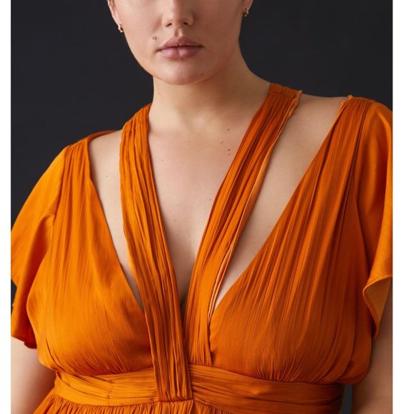 By Anthropologie Deep V-Neck Vibrant Mini Dress Orange Size 12 - Picture 4 of 12